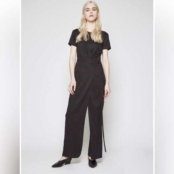 Shaina Mote Miro wrap jumpsuit navy blue 100% lyocell tie waist wide leg minimal - Picture 1 of 12